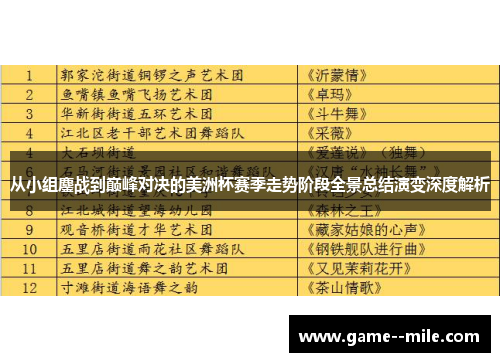 从小组鏖战到巅峰对决的美洲杯赛季走势阶段全景总结演变深度解析